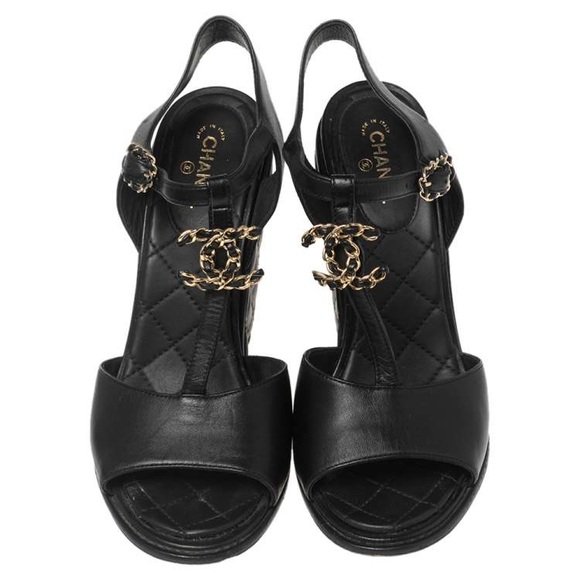 CHANEL Lambskin Leather T-Strap Wedge CC Sandals - Picture 3 of 15